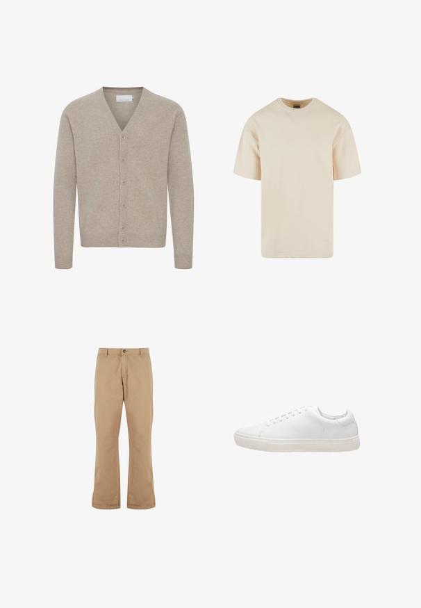Beige cardigan lavet af blødt stof, med V-udskæring, lukning med syv knapper, ribbede manchetter og kant, med en glat tekstur.; Beige bomulds t-shirt med rund hals, korte ærmer og lige pasform. Glat tekstur uden synlige mønstre eller accenter.; Beige bomuldsbukser med lige pasform, der har knaplukning, forlommer og en glat tekstur.; Hvide lædersneakers med en glat overflade, rund tå, snørebåndslukning og flad gummisål. Minimalistisk design uden synlige mønstre.