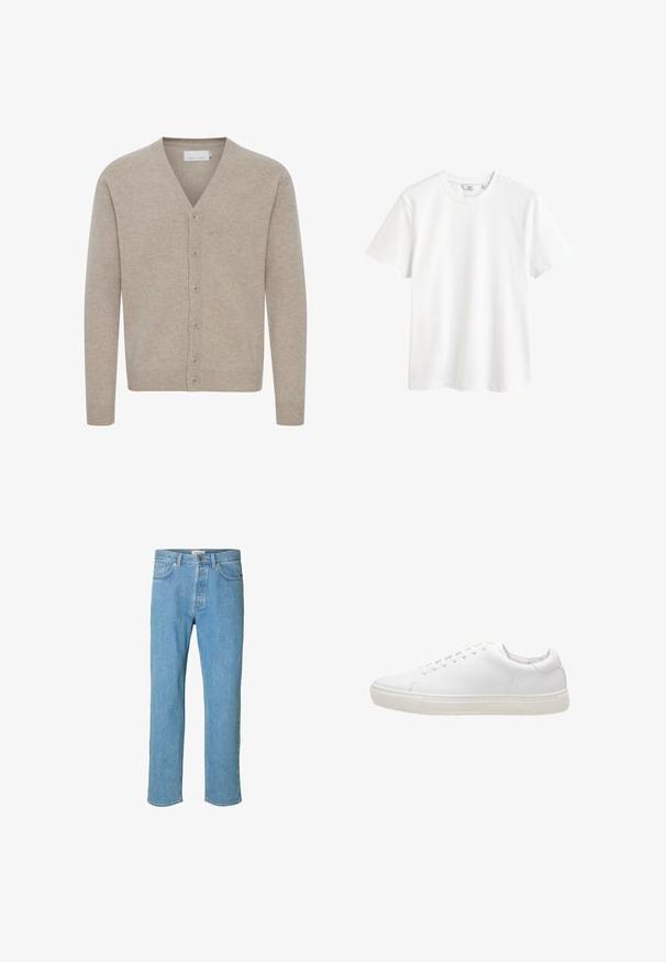Cardigan beige hecho de un tejido suave, con escote en V, cierre de siete botones, puños y dobladillo de canalé, y una textura lisa.; Camiseta blanca lisa de manga corta con cuello redondo y una pequeña etiqueta de marca en el interior del cuello.; Jeans de mezclilla azul claro con un diseño de pierna recta. Las características incluyen una bragueta con botón, cinco bolsillos y detalles cosidos a lo largo de las costuras.; Zapatilla de cuero blanco con textura suave, puntera redonda, cierre de cordones y suela de goma plana. Diseño minimalista sin patrones visibles.