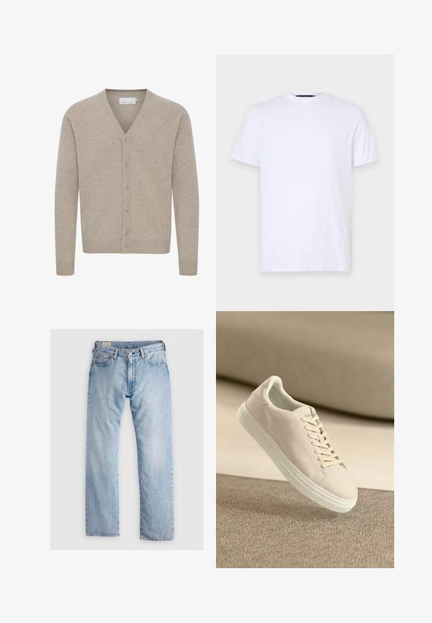 Beige cardigan lavet af blødt stof, med V-udskæring, lukning med syv knapper, ribbede manchetter og kant, med en glat tekstur.; Hvid bomulds T-shirt med korte ærmer, rund halsudskæring, med et diskret præget logo på venstre bryst, glat tekstur.; Lyseblå denim jeans med lige pasform, fem-lomme design, diskret slidmærker og kontrastsyning. Knap- og lynlåslukning.; Beige ruskinds sneakers med hvid sål og snørebånd, vist svævende over tekstureret beige tæppe mod en blød beige baggrund.