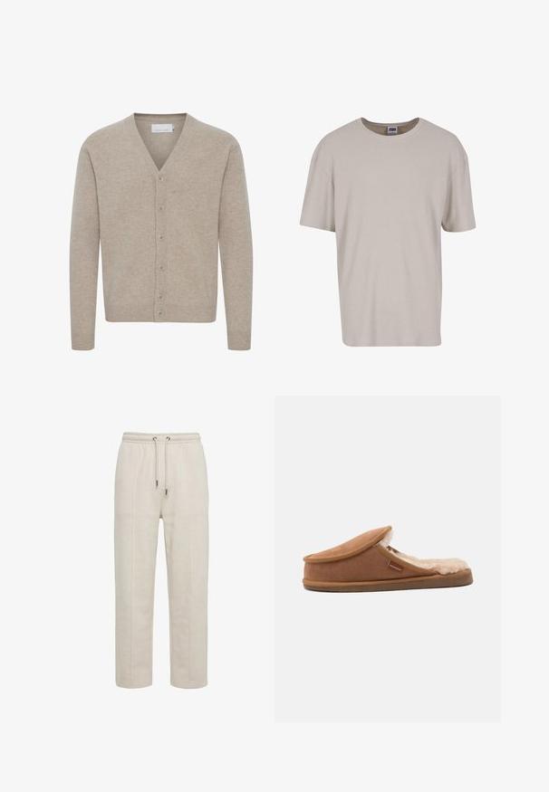 Cardigan beige en tissu doux, avec un col en V, fermeture à sept boutons, poignets et ourlet côtelés, et une texture lisse.; T-shirt beige clair à manches courtes en tissu texturé, avec un col rond et une coupe ample. Aucun motif ni matériel visible.; Pantalon de jogging beige à taille élastique avec détails de couture à l'avant et fermeture par cordon, coupe droite, fabriqué en tissu doux.; Chausson marron à enfiler avec une doublure intérieure crème douce et duveteuse et une petite étiquette en tissu sur le côté portant l'inscription « Sherpherd ».