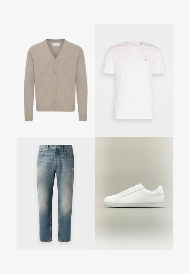 Beige cardigan van zacht materiaal, met een V-hals, sluiting met zeven knopen, geribbelde manchetten en zoom, en een gladde textuur.; Witte katoenen T-shirt met een ronde hals, korte mouwen en een klein geborduurd logo op de borst. Zachte structuur, eenvoudig ontwerp.; Lichtblauwe denim jeans met een rechte snit. Met een knoopsluiting, vijf zakken en subtiele vervagings en wassing op de dijen.; Witte lage sneaker met veterluiting aan de voorkant en een gestructureerde rubberen zool tegen een neutrale achtergrond.