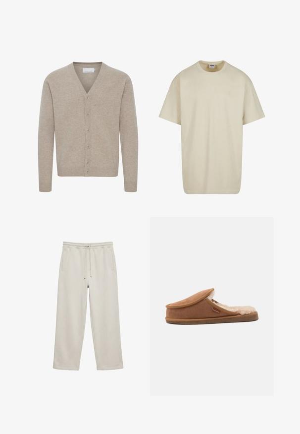 Cardigan beige en tissu doux, avec un col en V, fermeture à sept boutons, poignets et ourlet côtelés, et une texture lisse.; T-shirt en coton beige clair à manches courtes, col rond et coupe décontractée. Le tissu semble lisse, sans motifs ni accents visibles.; Pantalon de survêtement beige à jambes larges avec taille élastique et cordon, doté de deux poches latérales et d'ourlets droits.; Chausson marron à enfiler avec une doublure intérieure crème douce et duveteuse et une petite étiquette en tissu sur le côté portant l'inscription « Sherpherd ».
