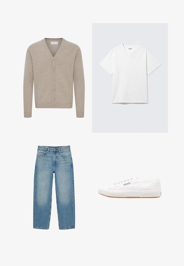 Cardigan beige en tissu doux, avec un col en V, fermeture à sept boutons, poignets et ourlet côtelés, et une texture lisse.; T-shirt blanc à manches courtes et col rond, étalé à plat, design uni, avec l'étiquette "WEEKDAY" à l'intérieur du col sur un fond clair.; Jean en denim bleu coupe droite avec poches avant, passants pour ceinture, fermeture par bouton et détails subtils délavés sur les cuisses et les genoux.; Baskets en toile blanches avec une semelle en caoutchouc, design à lacets et une petite étiquette logo sur le côté. Tige blanche texturée et semelle extérieure marron.