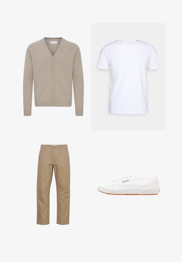 Beige cardigan lavet af blødt stof, med V-udskæring, lukning med syv knapper, ribbede manchetter og kant, med en glat tekstur.; Hvid kortærmet t-shirt i bomuldsstof med rund halsudskæring. Enkel design uden mønstre eller detaljer. Glat tekstur.; Beige bomuldsbukser med lige ben-design, der har en frontknap og lynlås lukning, sidelommer og et rent finish.; Hvide kanvas sneakers med gummisål, snørebåndsdesign og et lille logo mærke på siden. Tekstureret hvid overdel og brun ydersål.