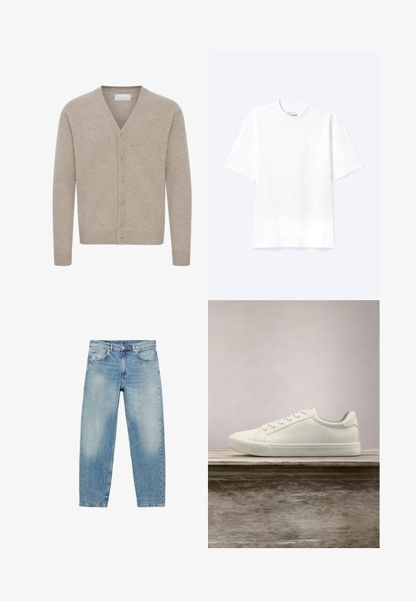 Cardigan beige en tissu doux, avec un col en V, fermeture à sept boutons, poignets et ourlet côtelés, et une texture lisse.; T-shirt blanc uni à manches courtes et col rond avec une coupe décontractée, présenté sur un fond clair.; Jean droit en denim bleu avec poches avant et passants de ceinture, présentant des détails légèrement décolorés sur les cuisses et les genoux.; Sneaker en dentelle blanche flottant au-dessus d'un banc en bois avec un feuillage vert en arrière-plan, mettant en valeur le design et la texture de la chaussure.