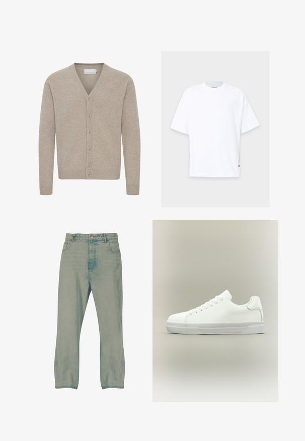Cardigan beige en tissu doux, avec un col en V, fermeture à sept boutons, poignets et ourlet côtelés, et une texture lisse.; T-shirt blanc à manches courtes avec col rond, coupe droite et petite étiquette noire près de l'ourlet inférieur sur un fond clair.; Jean droit bleu clair avec bouton à l'avant, passants pour ceinture et poches avant, présenté sur un fond blanc.; Baskets basses blanches à lacets, doté d'un col rembourré et d'une semelle en caoutchouc texturée, présentées de profil sur un fond neutre.