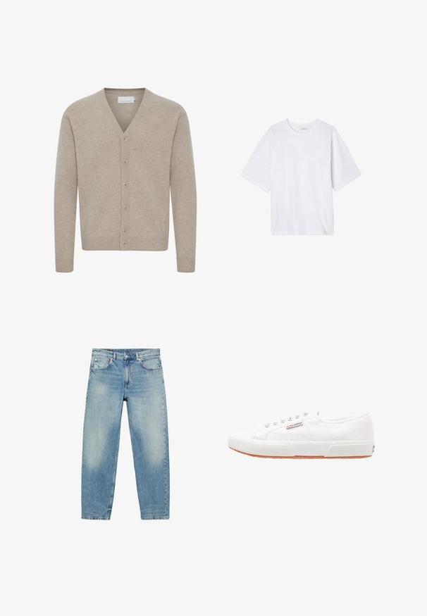 Beige cardigan lavet af blødt stof, med V-udskæring, lukning med syv knapper, ribbede manchetter og kant, med en glat tekstur.; Hvid kortærmet t-shirt lavet af blødt stof. Har en rund halsudskæring og en afslappet pasform med en lige kant. Ingen mønstre eller hardware.; Blå straight-leg denim jeans med forlommer og bæltestropper, der viser let falmede detaljer på lår og knæ.; Hvide kanvas sneakers med gummisål, snørebåndsdesign og et lille logo mærke på siden. Tekstureret hvid overdel og brun ydersål.
