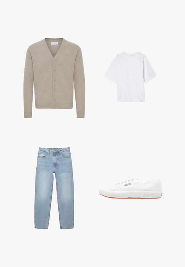 Cardigan beige en tissu doux, avec un col en V, fermeture à sept boutons, poignets et ourlet côtelés, et une texture lisse.; T-shirt blanc à manches courtes en tissu doux. Il présente un col rond et une coupe décontractée avec un ourlet droit. Aucun motif ni élément métallique.; Jean en denim bleu clair, coupe ample, taille haute, design à cinq poches, braguette à boutons et zip, jambes droites avec un ourlet légèrement effiloché.; Baskets en toile blanches avec une semelle en caoutchouc, design à lacets et une petite étiquette logo sur le côté. Tige blanche texturée et semelle extérieure marron.