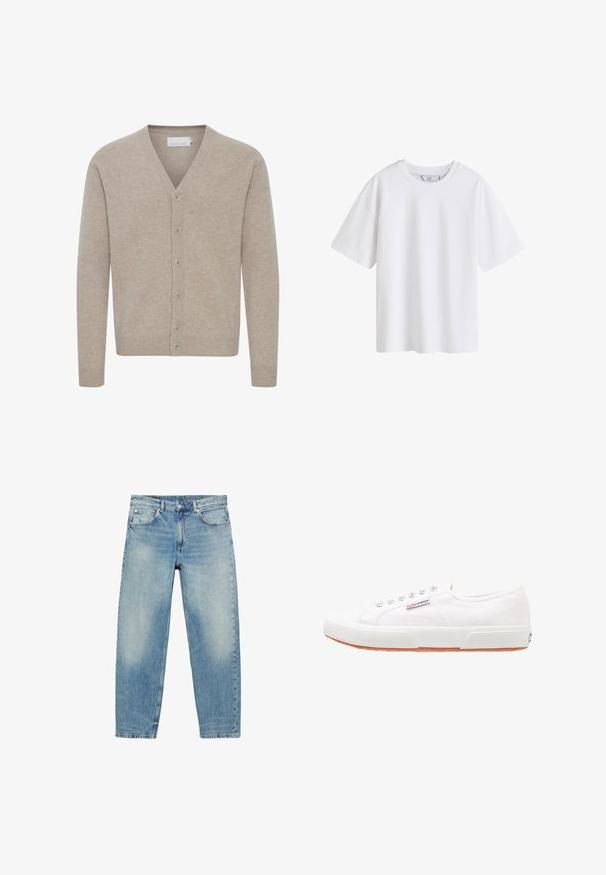 Beige cardigan lavet af blødt stof, med V-udskæring, lukning med syv knapper, ribbede manchetter og kant, med en glat tekstur.; Simpel hvid kortærmet bomuld t-shirt med rund hals, vist forfra på hvid baggrund.; Blå straight-leg denim jeans med forlommer og bæltestropper, der viser let falmede detaljer på lår og knæ.; Hvide kanvas sneakers med gummisål, snørebåndsdesign og et lille logo mærke på siden. Tekstureret hvid overdel og brun ydersål.