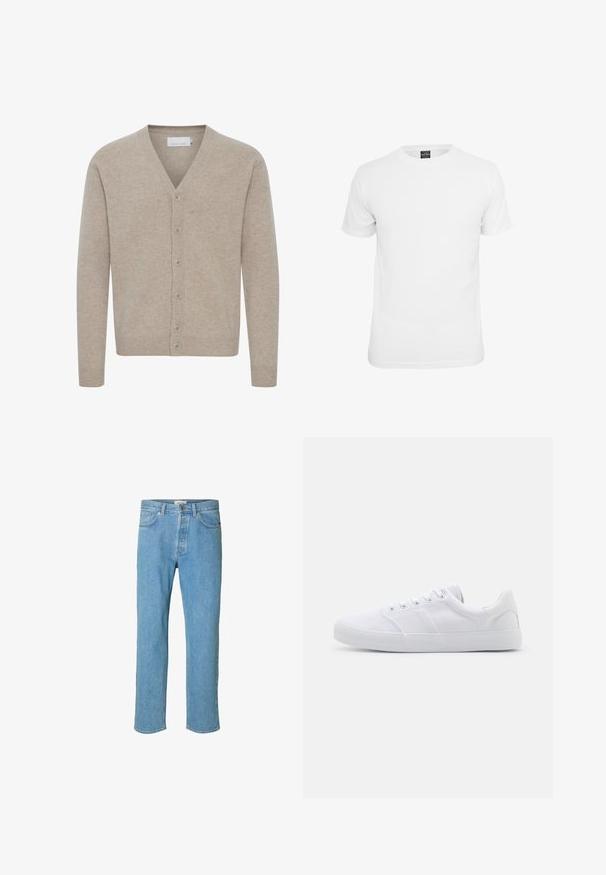 Cardigan beige en tissu doux, avec un col en V, fermeture à sept boutons, poignets et ourlet côtelés, et une texture lisse.; T-shirt blanche à manches courtes, en coton, avec un col rond et une texture lisse, conçue pour un usage décontracté.; Jean en denim bleu clair avec une coupe droite. Les caractéristiques incluent une fermeture à bouton, cinq poches et des surpiqûres le long des coutures.; Baskets en toile blanches avec une semelle en caoutchouc, dotées de six œillets, d'un embout texturé et d'un design minimaliste.