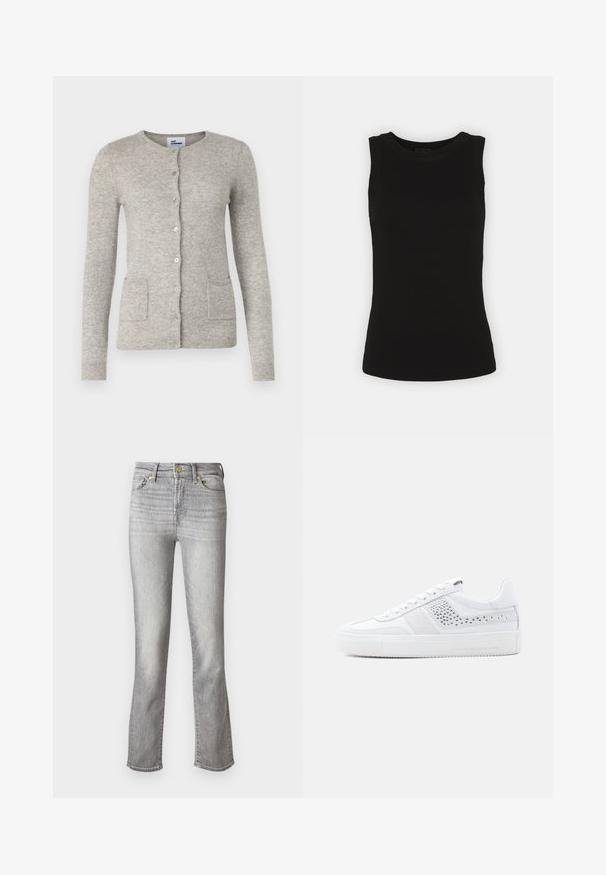 Grijze cardigan van zacht materiaal, met een ronde halslijn, lange mouwen, knoopsluiting en twee voorzakken.; Zwarte mouwloze tanktop van ribbels katoen, met een ronde halslijn en een fitted silhouet.; Grijze denim jeans met een rechte pijp, voorzien van een voorste knoopsluiting, vijf zakken en subtiele vervaging voor textuur.; Witte sneaker met een glad leren bovenwerk, suède accenten, mesh details en een gerubberde, getextureerde zool. Voorzien van platte veters en branding aan de zijkant.