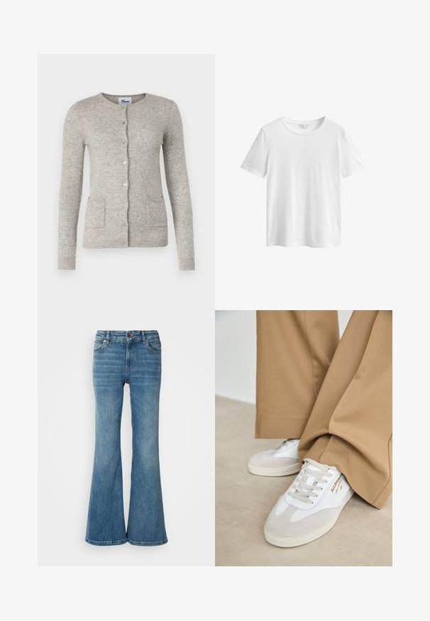 Grijze cardigan van zacht materiaal, met een ronde halslijn, lange mouwen, knoopsluiting en twee voorzakken.; Effen witte korte mouw katoenen T-shirt met ronde hals en GANT-merklabel binnenin de kraag, afgebeeld op een witte achtergrond.; Lichtblauwe flare jeans van denim, met vijf zakken, zichtbare stiksels en een knoop- en ritsluiting in de taille.; Witte sneakers met suède accenten, gestructureerde veters en een rubberen zool. Gecombineerd met losse beige broek. Logo zichtbaar aan de zijkant.