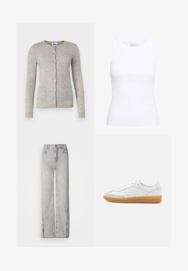 Grå cardigan lavet af blødt materiale, med rund halsudskæring, lange ærmer, knaplukning og to forlommer.; Hvid ribbet tanktop med rund halsudskæring og uden ærmer. Strækbart stof og tætsiddende design. Etiketten bagpå viser "GESTUZ."; Lyseblå vid-leg jeans lavet af denim med en falmet vask, der har lynlås, fem lommer og kontraststikning.; Hvide lædersneakers med beige ruskindsdetaljer, gummisål og snøredesign. Har diskret branding i guld.