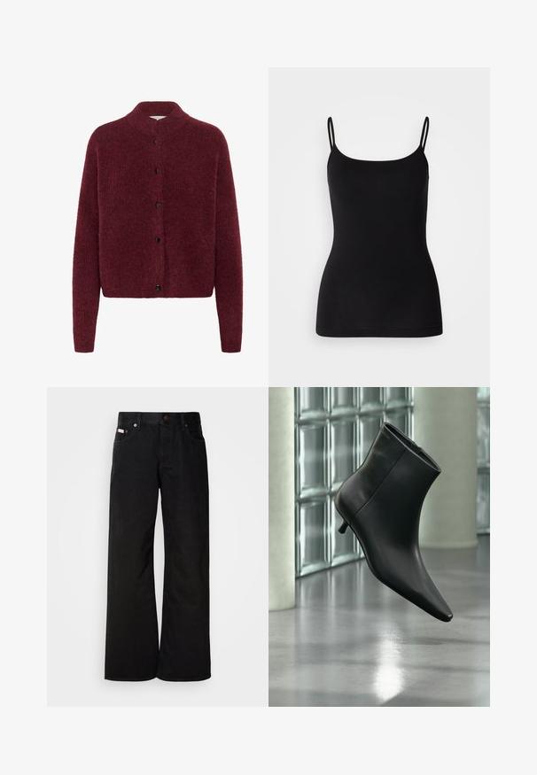 Zacht gestructureerde bordeaux cardigan met lange mouwen, hoge kraag en zwarte knopen aan de voorkant.; Zwarte camisole met dunne verstelbare bandjes, gladde rekstof en een aansluitende pasvorm. Geen patronen of versieringen.; Zwarte wijde spijkerbroek van katoen. Voorzien van zijzakken, een knoopsluiting en een klassieke denimtextuur. Minimalistisch ontwerp zonder patronen.; Zwarte leren enkellaars met spits toelopende neus en lage kittenhak, schuin weergegeven tegen een gepolijste vloer en een glazen blokken muur als achtergrond.