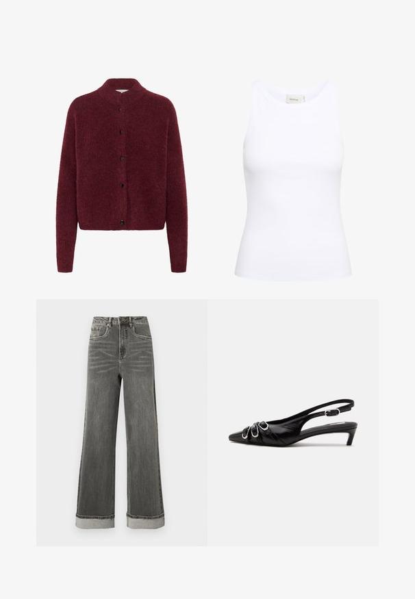Weich strukturierte burgunderrote Strickjacke mit langen Ärmeln, hohem Kragen und schwarzen Knöpfen vorne.; Weißes, geripptes Tanktop mit Rundhalsausschnitt und ohne Ärmel. Elastisches Material und figurbetontes Design. Das Etikett auf der Rückseite trägt die Aufschrift "GESTUZ."; Graue Jeans mit weitem Bein, hoher Taille, fünf Taschen und umgeschlagenen Säumen. Der Stoff hat eine leicht abgenutzte Textur mit sichtbaren Nähten.; Schwarzer Lederslingback mit spitzer Spitze, drei silbernen Schnallen vorne und niedrigem Kittenabsatz auf weißem Hintergrund.