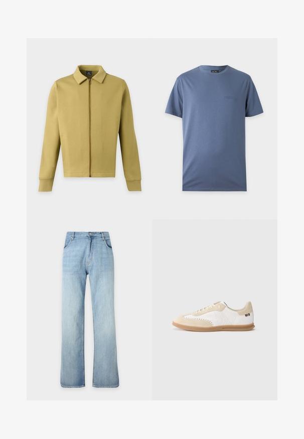 Veste zippée vert olive clair avec col, manches longues et poches avant simples sur fond uni.; T-shirt bleu uni à manches courtes avec col rond et petit logo brodé discret sur la poitrine gauche.; Jean denim bleu clair à coupe droite avec fermeture avant à boutons et zip, poches avant et passants de ceinture, présenté sur un fond uni.; Baskets blanches avec accents en daim beige clair, détails perforés, lacets plats et semelle en caoutchouc naturel. Présentent un logo rayé sur le talon.
