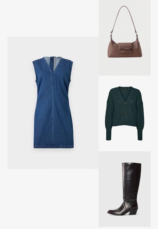 Mørkegrøn chunky strikket cardigan med tre store knapper, V-hals, lange ærmer samt ribkant ved ærmer og skørt.; Ærmeløs denimkjole med V-udskæring og synlig søm ned langs midten, med lynlåsbaglås, lavet af mørkeblåt denimstof.; Knæhøj, mørkebrun læderstøvle med spids tå, vinkelret blokhæl og en glat, blank overflade. Har et enkelt design og syningsdetaljer.; Brun skuldertaske i læder med en frontlomme med klap, der har en sydd sløjfedetalje, og en justerbar rem.