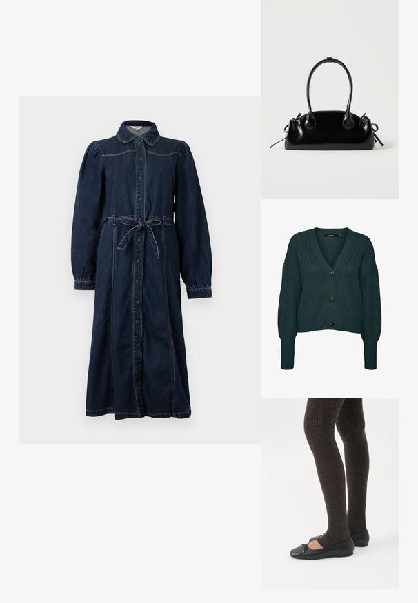 Mørkegrøn chunky strikket cardigan med tre store knapper, V-hals, lange ærmer samt ribkant ved ærmer og skørt.; Mørkeblå denimkjole med krave, frontknapper, lange pufærmer og en bælte i taljen. Har syninger som detalje.; Ben iført mørke ribbede leggings kombineret med sorte balletsko med små sløjfedetaljer på hvid baggrund.; Lille sort blank håndtaske med to lange håndtag og snøre-detaljer i siden på en ensfarvet lys baggrund.