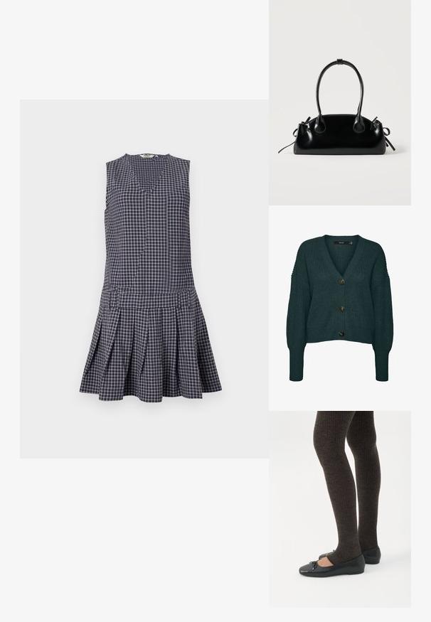 Mørkegrøn chunky strikket cardigan med tre store knapper, V-hals, lange ærmer samt ribkant ved ærmer og skørt.; Marineblå ternet kjole med V-hals, ærmeløst design, plisseret nederdel og struktureret talje. Fremstillet af letvægtsstof.; Ben iført mørke ribbede leggings kombineret med sorte balletsko med små sløjfedetaljer på hvid baggrund.; Lille sort blank håndtaske med to lange håndtag og snøre-detaljer i siden på en ensfarvet lys baggrund.