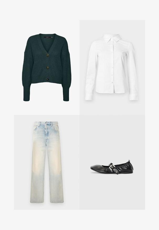 Mørkegrøn chunky strikket cardigan med tre store knapper, V-hals, lange ærmer samt ribkant ved ærmer og skørt.; Hvid skjorte med lange ærmer, knapper, spids krave, lige kant og tætsiddende silhuet, vist på en ensartet lys baggrund.; Lyst vævet denim bredbenede jeans med en falmet finish, fem lommer og en klassisk knaplukning. Blød tekstur og løs pasform.; Sorte læder flade sko med spids tå, samling detaljer omkring åbningen, og en sølv spænde accent på den justerbare rem.