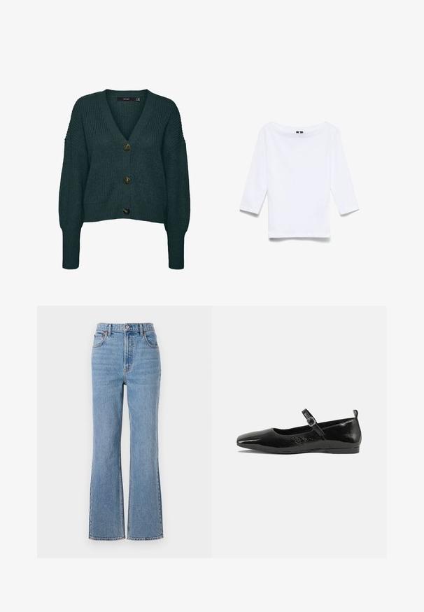 Mørkegrøn chunky strikket cardigan med tre store knapper, V-hals, lange ærmer samt ribkant ved ærmer og skørt.; Hvid skjorte med trekvartlange ærmer lavet af bomuldsblandingsstof; har en bred bådudskæring og en glat, let tekstur.; Abercrombie & Fitch FRONT TO BACK TONAL STRAIGHT - Jeans Relaxed Fit - blue denim; Sorte patentlæder flade sko med spidse tæer, en ankelrem med spænde og en glat, blank tekstur. Lav hæl for komfort.