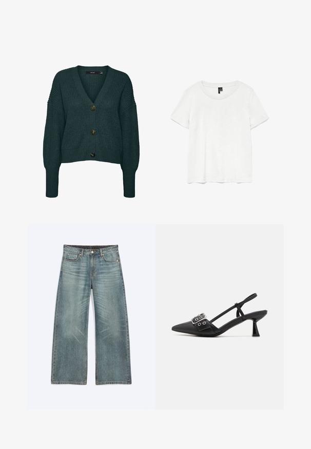 Mørkegrøn chunky strikket cardigan med tre store knapper, V-hals, lange ærmer samt ribkant ved ærmer og skørt.; Hvid kortærmet t-shirt med rund halsudskæring, lavet af letvægtsstof. Enkel design, glat tekstur og lige kant.; Blå vidde jeans med forlommer, bæltestropper, knaplukning og subtile falmede detaljer på lår og knæ.; Simmi London DALA - Pumps - black