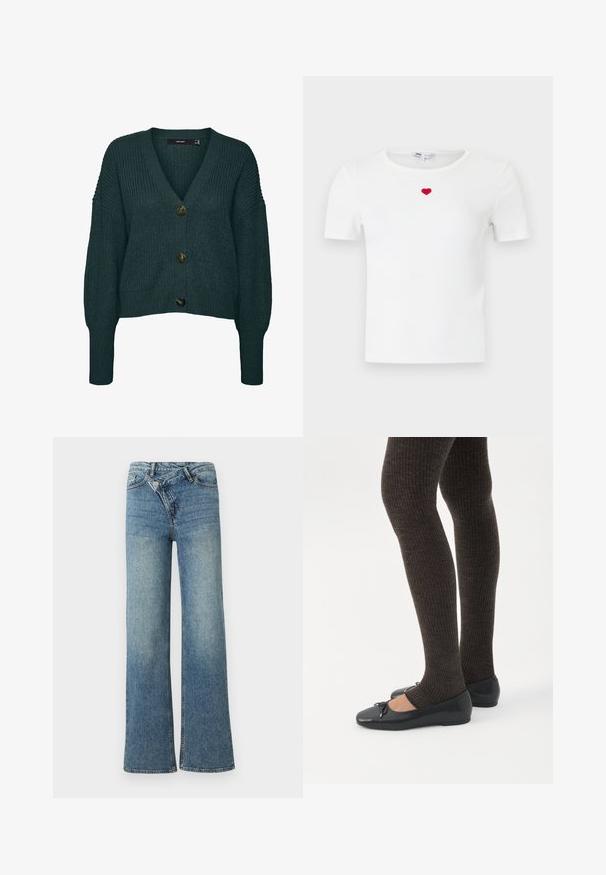 Mørkegrøn chunky strikket cardigan med tre store knapper, V-hals, lange ærmer samt ribkant ved ærmer og skørt.; Hvid, ribstrikket t-shirt med korte ærmer og et lille rødt hjerte broderet på midten af brystet under halsudskæringen.; Lyseblå denim jeans med vide ben og høj talje, let falmet effekt og knaplukning foran. Har fem lommer og minimal syning.; Ben iført mørke ribbede leggings kombineret med sorte balletsko med små sløjfedetaljer på hvid baggrund.