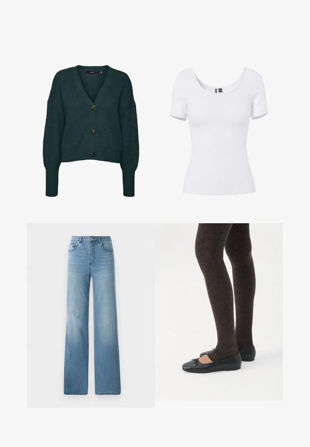Mørkegrøn chunky strikket cardigan med tre store knapper, V-hals, lange ærmer samt ribkant ved ærmer og skørt.; Hvid ribbet, kortærmet tætsiddende top med rund halsudskæring og synlig mærkeetiket inde i kraven.; Lyseblå højtaljede jeans med lige ben. Fremstillet af denim, med fem lommer og knaplukning.; Ben iført mørke ribbede leggings kombineret med sorte balletsko med små sløjfedetaljer på hvid baggrund.