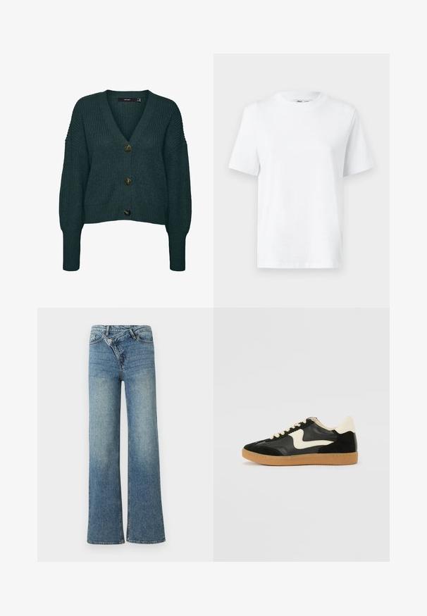 Mørkegrøn chunky strikket cardigan med tre store knapper, V-hals, lange ærmer samt ribkant ved ærmer og skørt.; Hvid bomulds T-shirt med rund hals, kortærmet og en glat tekstur. Designet med en afslappet pasform for komfort og alsidighed.; Lyseblå denim jeans med vide ben og høj talje, let falmet effekt og knaplukning foran. Har fem lommer og minimal syning.; Sorte ruskinds- og lædersneakers med en cremefarvet side-swoosh og lys cremefarvet hæl. Har beige snørebånd og en gummirubber-sål.