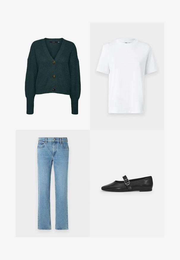 Mørkegrøn chunky strikket cardigan med tre store knapper, V-hals, lange ærmer samt ribkant ved ærmer og skørt.; Hvid bomulds T-shirt med rund hals, kortærmet og en glat tekstur. Designet med en afslappet pasform for komfort og alsidighed.; Lysblå denimjeans med lige pasform, fem lommer, knap- og lynlåslukning samt subtil fading. Klassisk, enkelt design.; Sorte læder flade sko med rund tå, et enkelt justerbart spænde og en glat, blank overflade. Minimalistisk design med en lav hæl.