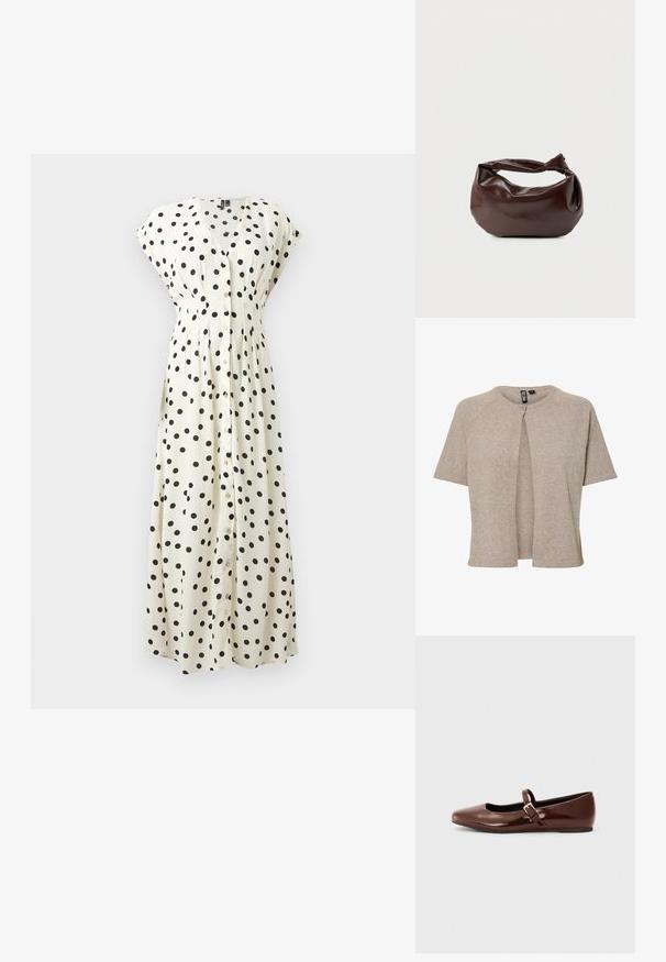 Beige Strickjacke mit rundem Ausschnitt, kurzen Ärmeln und einer vorderen Knopfverschluss. Sie hat eine lockere Passform und eine weiche Textur.; Weißes ärmelloses Maxikleid mit schwarzen Polka-Dots, V-Ausschnitt, durchgeknöpfter Vorderseite und geraffter Taille.; Braune Lackleder-Ballerinas mit quadratischer Zehenform und Riemen mit einer kleinen goldenen Schnalle. Glatte Textur, niedriger Absatz und minimalistisches Design.; Dunkelbraune Lederschultertasche mit weicher, lockerer Form und einem gedrehten Knotengriff vor schlichtem weißem Hintergrund.