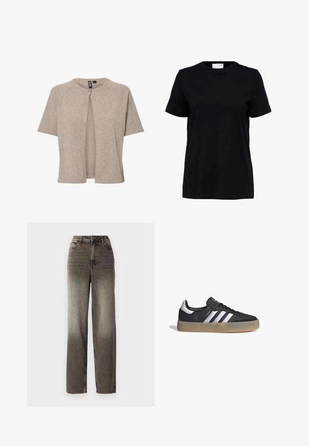 Cárdigan beige de punto con cuello redondo, mangas cortas y cierre delantero de botones, diseñado con un ajuste relajado y una textura suave.; Camiseta negra de manga corta con cuello redondo, bajo recto y etiqueta blanca en la parte trasera del interior del cuello.; Jeans de pierna ancha, grises, con un acabado de denim desgastado. Cintura alta, cinco bolsillos y un cierre de botón clásico. Tejido texturizado con costuras visibles.; Zapatilla deportiva de cuero negro con tres rayas plateadas, punta texturizada y suela de goma. Cuenta con un collar acolchado y un diseño con cordones.