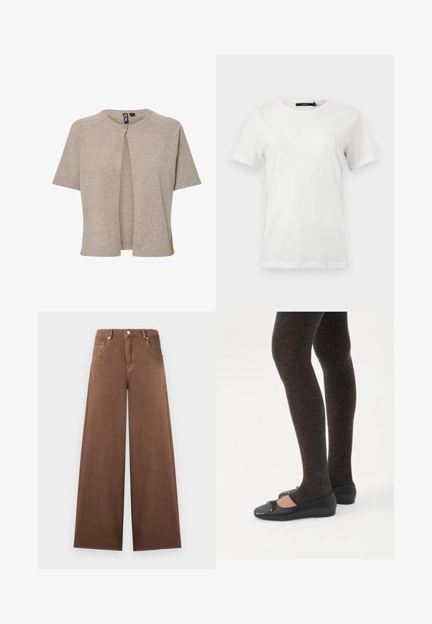 Beige strikket cardigan med rund hals, korte ærmer og knaplukning fortil, designet med en afslappet pasform og blød tekstur.; Simpel hvid T-shirt med korte ærmer og rund hals med lige kant, vist fladt mod en lys baggrund.; Brune vidde-ben jeans i denim med høj talje, forreste knap- og lynlås lukning og design med fem lommer.; Ben iført mørke ribbede leggings kombineret med sorte balletsko med små sløjfedetaljer på hvid baggrund.