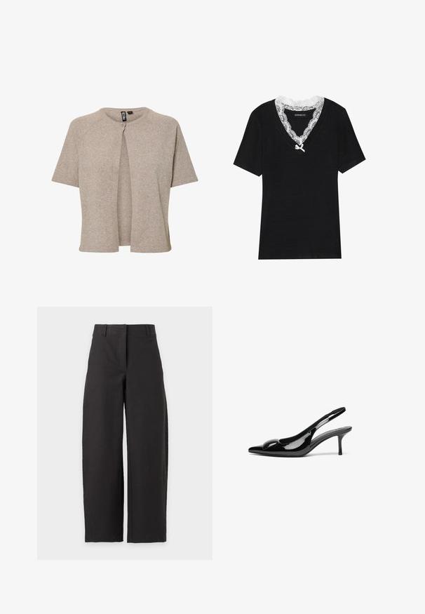 Beige strikket cardigan med rund hals, korte ærmer og knaplukning fortil, designet med en afslappet pasform og blød tekstur.; Sort kortærmet t-shirt med V-hals, prydet med en hvid blondekrave og en lille sløjfedetalje ved halsudskæringen. Blødt, glat stof.; Sorte bukser med vide ben, høj talje og bæltestropper, vist mod en hvid baggrund.; Sorte laklæder slingback hæle med spidse tæer og en blank finish. Har en slank hæl og en rund detalje ved vampen.