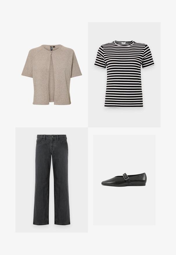 Beige strikket cardigan med rund hals, korte ærmer og knaplukning fortil, designet med en afslappet pasform og blød tekstur.; Sort-hvid stribet kortærmet t-shirt med en ribbet tekstur og rund halsudskæring. Striberne er jævnt fordelt over stoffet.; Mørkegrå vidde bukser lavet af denim, med standard linning, fem lommer og knaplukning. Glat tekstur og ensartet syning.; Sorte læder flade sko med spidse tæer, prydet med en metallisk spænde over vristen og en lav, fleksibel sål.