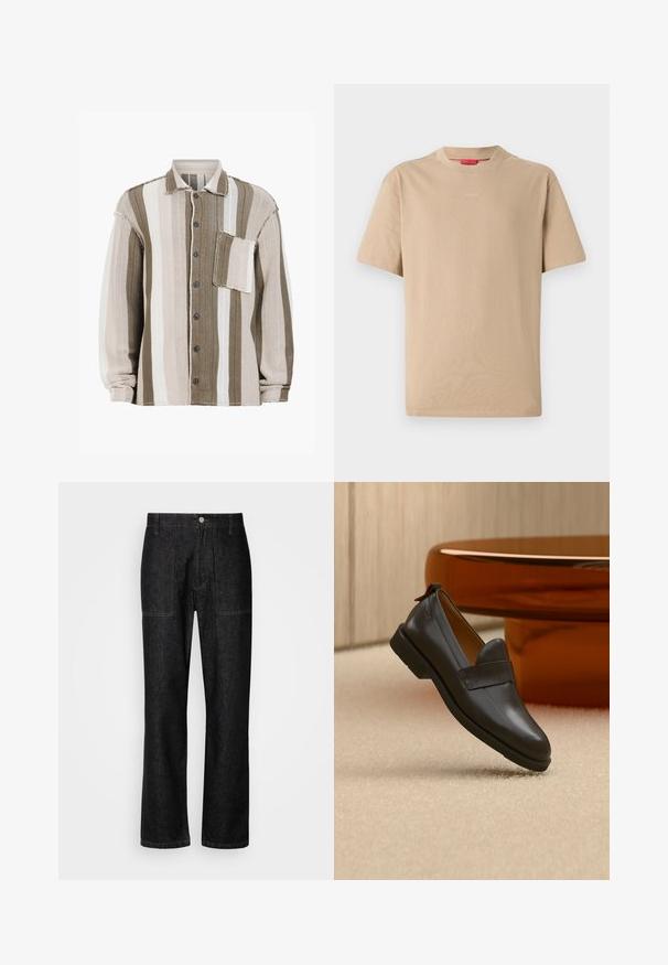 Gestreiftes Hemd mit braunen, cremefarbenen und weißen Farbtönen, strukturiertem Stoff, Kragen, vorderem Knopfverschluss und einer Brusttasche.; Beige Baumwoll-T-Shirt mit kurzen Ärmeln, Rundhalsausschnitt und dezentem "HUGO"-Logo in der Mitte. Angenehme Textur, legerer Schnitt.; Schwarze Jeans mit geradem Bein, sichtbaren Nähten und einem Frontknopfverschluss. Enthält zwei Seitentaschen und zwei Gesäßtaschen.; Schwarzer Lederloafer mit niedrigem Absatz, der über einem beigen Teppich schwebt, neben einem glänzenden bernsteinfarbenen Tisch in einem minimalistischen Raum.