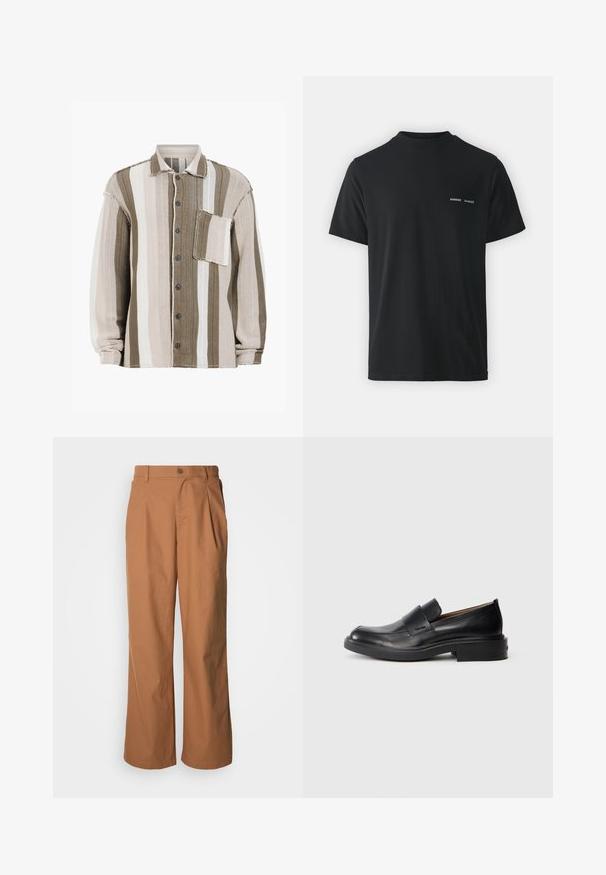 Gestreiftes Hemd mit braunen, cremefarbenen und weißen Farbtönen, strukturiertem Stoff, Kragen, vorderem Knopfverschluss und einer Brusttasche.; Schwarzes Baumwoll-T-Shirt mit klassischem Rundhalsausschnitt, kurzen Ärmeln und zwei kleinen weißen "SAMSØE"-Logos auf der linken Brust.; Weit geschnittene Hosen aus warmbraunem Stoff, mit einer vorderen Knopfverschluss, dezenten Falten und geradem Schnitt für eine entspannte Passform.; Schwarze Leder-Pantoletten mit niedrigem Absatz und dezentem Calvin Klein-Logo an der Seite, im Profil vor einem weißen Hintergrund dargestellt.