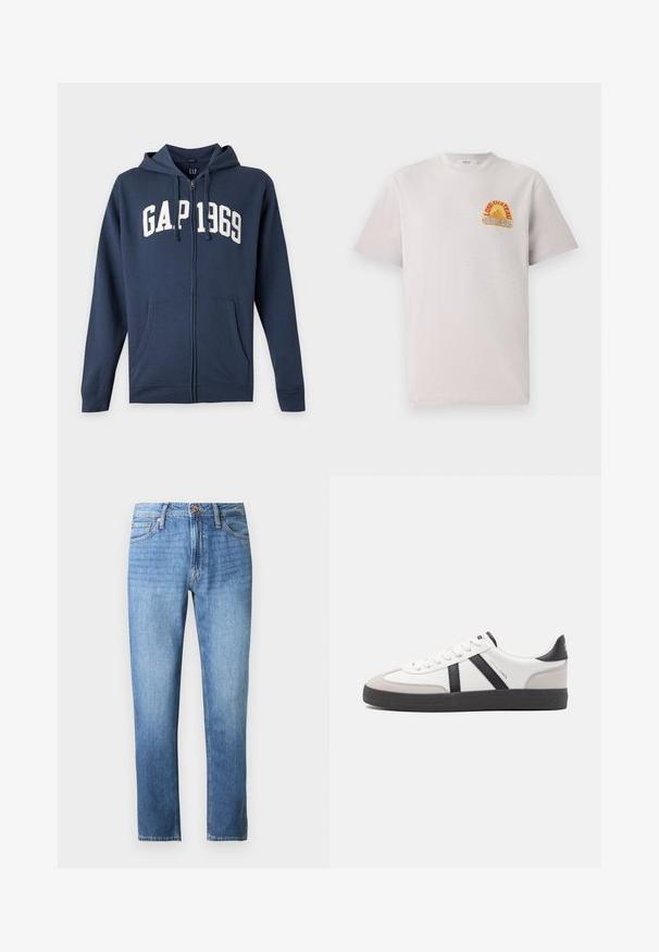 Sweat à capuche bleu marine zippé avec poches avant, capuche avec cordons et texte blanc "GAP 1969" sur la poitrine.; T-shirt en coton gris clair avec col rond, arborant un graphisme coloré "Lone Château Replay" en orange et bleu sur la poitrine.; Jean en denim bleu clair avec une coupe droite, un design à cinq poches, et une ceinture dotée d'un bouton et d'une fermeture éclair. Texture lisse.; Baskets blanches avec des accents noirs et gris, présentant un embout texturé gris, une semelle en caoutchouc noir et des lacets plats blancs. Design épuré, style minimaliste.