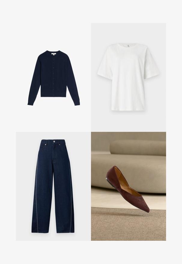 Mørkeblå cardigan lavet af blødt stof, med rund halsudskæring, lange ærmer og knappelukning foran med matchende knapper.; Hvid, kortærmet t-shirt lavet af bomuld. Rund neckline og afslappet pasform. Glat tekstur uden synlige mønstre eller hardwaredetaljer.; Mørkeblå jeans med brede ben og høj talje, frontknapper og lynlås, forlommer og lyse sidelægger.; Mørkebrune ruskinds flade sko med spids tå, svævende over beige tæppe med en beige sofa i baggrunden.