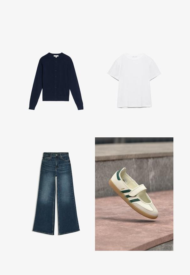 Mørkeblå cardigan lavet af blødt stof, med rund halsudskæring, lange ærmer og knappelukning foran med matchende knapper.; Hvid, kortærmet T-shirt med rund hals og lige kant, vist på en hvid baggrund.; Blå vidde jeans med knapper foran og lommer, lagt fladt på en hvid baggrund.; Hvid lædersko med grønne striber, rund tå, fastgjort med en rem. Gummisål, minimalistisk design, hævet syning langs de øvre kanter.