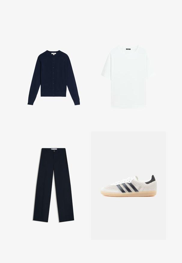 Mørkeblå cardigan lavet af blødt stof, med rund halsudskæring, lange ærmer og knappelukning foran med matchende knapper.; Simpel hvid T-shirt med korte ærmer og rund hals, med en lille sort label inde i kraven.; Mørkeblå skræddersyede bukser med knap- og lynlåsbeslag, lige ben og subtil stribet tekstur på hvid baggrund.; Hvide mesh-sneakers med sort tre-stribet design, rundet tå og gummisål. Har blød hælkant og snørelukning.