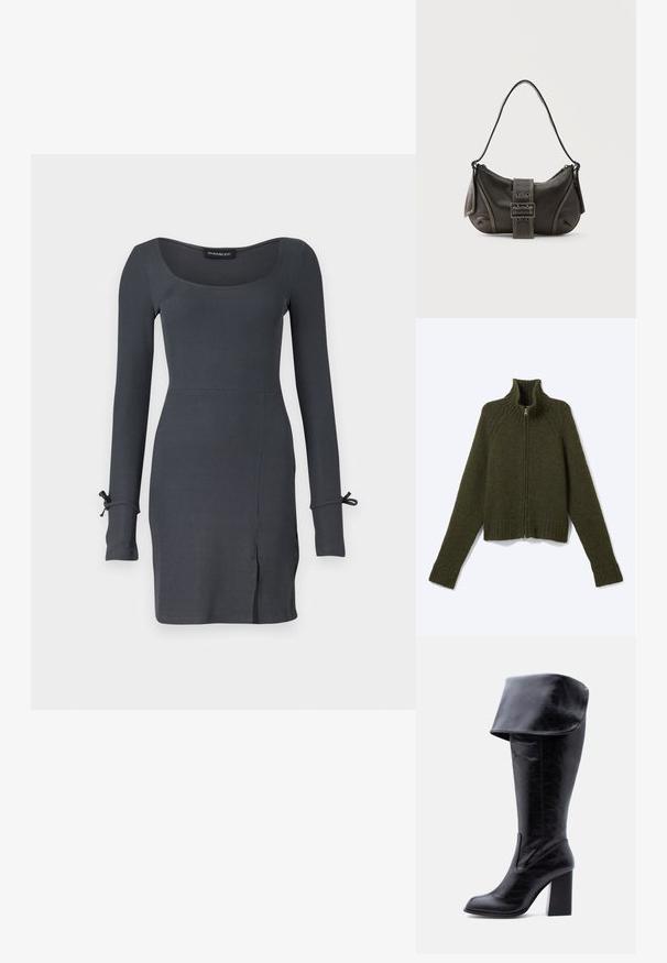 Pull zippé en maille vert foncé avec manches longues et col haut côtelé, posé à plat sur fond blanc.; Robe en maille à manches longues de couleur gris foncé, avec un décolleté carré et une fente sur le côté. Des accents noués aux poignets ajoutent du détail au design.; Botte haute en cuir noir avec talon, bord plié et bout arrondi, debout sur un fond blanc.; Sac à épaule en cuir noir avec une sangle à boucle, des bords arrondis et des coutures blanches contrastées sur un fond uni.