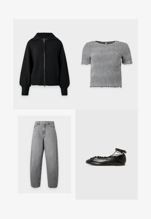 Veste zippée noire en maille avec un large col, des poignets côtelés et un ourlet côtelé.; Haut à manches courtes rayé noir et blanc en tissu texturé smocké avec des bords volantés aux manches et à l’ourlet.; Jean en denim gris à taille haute et coupe ample, avec bouton à l'avant, fermeture éclair, passants de ceinture et design à cinq poches.; Ballerines en cuir verni noir avec un bout rond, un design à lacets et une semelle plate. Texture lisse avec peu de détails.