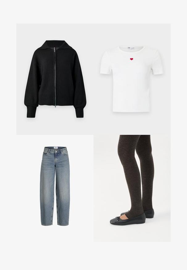 Veste zippée noire en maille avec un large col, des poignets côtelés et un ourlet côtelé.; T-shirt blanc à manches courtes côtelées avec un petit cœur rouge brodé au centre de la poitrine, sous l'encolure.; Jean délavé, ample et taille haute, fabriqué en denim. Il présente cinq poches et une fermeture à bouton et zip traditionnelle.; Jambes portant des leggings côtelés foncés associés à des ballerines noires avec de petits détails en nœud sur fond blanc.