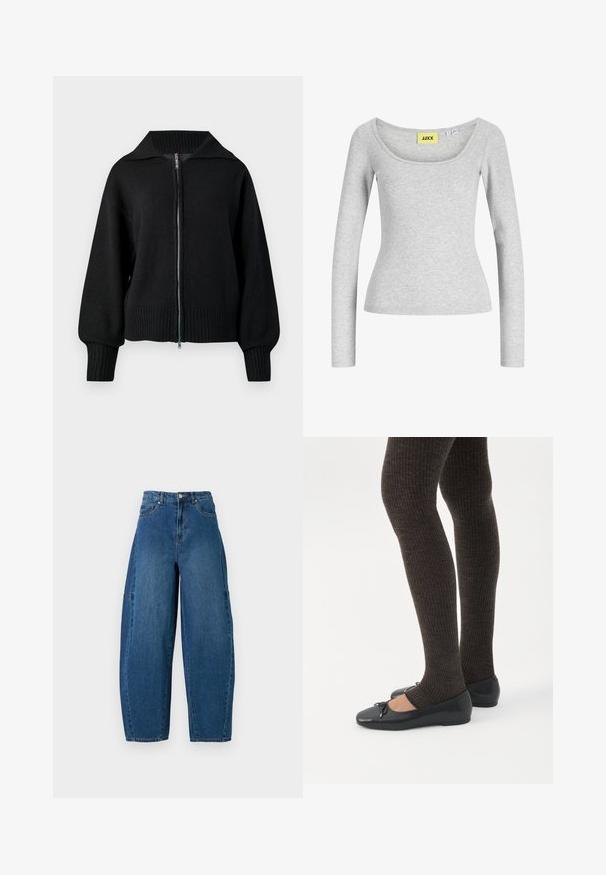 Zwarte gebreide zip-up jas met brede kraag, geribbelde manchetten en geribbelde zoom.; Lichtgrijs, nauwsluitend shirt met lange mouwen, brede ronde halslijn en een geel merklabel "JJXX" genaaid aan de binnenkant van de kraag.; Denim spijkerbroek in een medium blauwe wassingen, met een hoge taille, wijde broekspijpen en een standaard vijf-pocket ontwerp met zichtbare stikseldetails.; Benen met donkere geribbelde leggings gecombineerd met zwarte ballerina's met kleine strikdetails op een witte achtergrond.