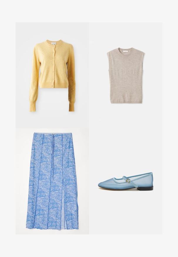 Yellow cardigan with long sleeves, featuring a round neckline, button closure, and embellished with small silver studs across the fabric.; Light beige sleeveless top made of soft material, featuring a round neck, clean lines, and a slightly loose fit. Minimalist design.; Light blue sheer skirt featuring a rose pattern, with a drawstring waistband and scalloped hem. Material appears fluid and lightweight.; Light blue Mary Jane flat shoe with a mesh upper, rounded toe, adjustable strap with a gold buckle, and a low black heel.