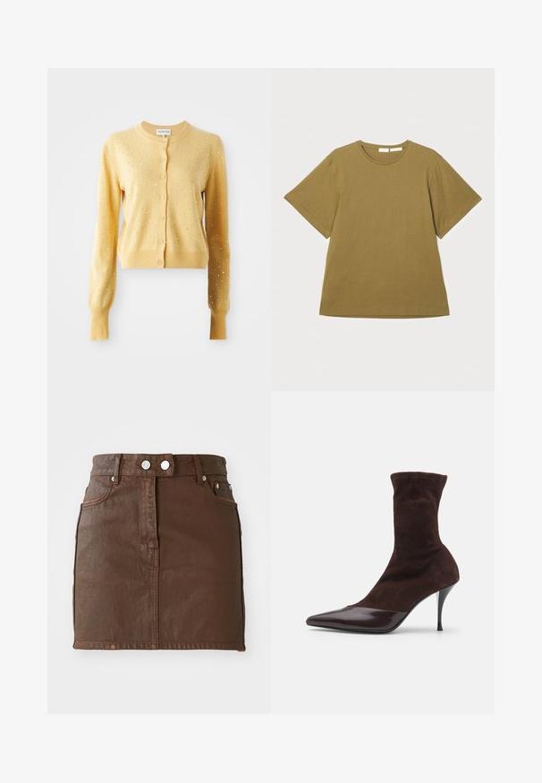 Yellow cardigan with long sleeves, featuring a round neckline, button closure, and embellished with small silver studs across the fabric.; Olive green short-sleeve t-shirt made of soft fabric, with a crew neckline and a relaxed fit, displayed against a white background.; Brown denim mini skirt with a high waist, two front pockets, silver button accents, and a smooth texture.; Brown suede ankle boot with pointed toe and glossy burgundy patent leather toe cap, featuring a slim stiletto heel and textured upper.