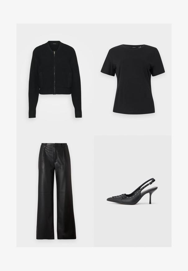 Veste bomber noire courte en tissu texturé avec une fermeture éclair à l'avant, des poignets côtelés et deux poches latérales.; T-shirt noir à manches courtes avec col rond, ourlet droit et tissu lisse uni.; Pantalons larges noirs en cuir lisse avec une fermeture à bouton à l'avant et deux poches diagonales sur les côtés avant.; Escarpin en cuir noir à talon aiguille avec un bout pointu, une bride latérale à boucle, des clous le long du bord et un laçage décoratif à l'avant.