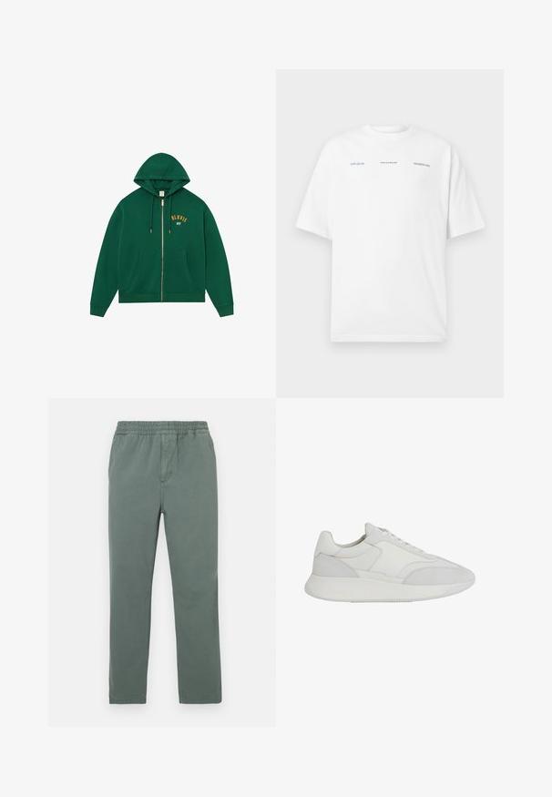 Groene hoodie met rits en een kangoeroezak, capuchon met trekkoord en gouden "BLKVIS NY"-letters op de borst. Zachte stof met geribde manchetten.; Wit katoenen T-shirt met korte mouwen, ronde halslijn en bedrukt tekst. De tekst bevat "HZW (25-26)", "HOLZWEILER" en "WONDERLAND".; Groene broek van katoenmix met een elastische tailleband, recht ontwerp en subtiele textuur. Voorzien van zijzakken en een centrale naad.; Witte lage sneaker met vetersluiting, gladde en suède panelen en een dikke rubberen zool, gezien vanaf de buitenkant.