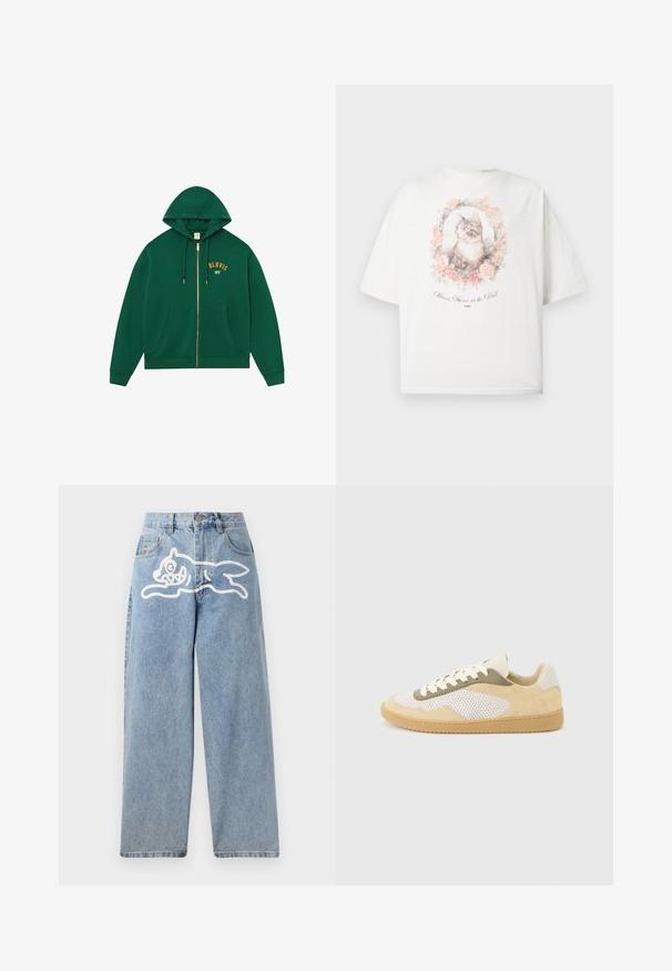Groene hoodie met rits en een kangoeroezak, capuchon met trekkoord en gouden "BLKVIS NY"-letters op de borst. Zachte stof met geribde manchetten.; Wit T-shirt met een ingelijste illustratie van een grijze en witte kat omringd door roze rozen en de tekst "Mirror, Mirror on the Wall."; Lichteblauwe denim jeans met een relaxte, wijde pasvorm. Heeft een witte grafische afbeelding van een rennende kat aan de achterkant. Klassiek ontwerp met vijf zakken.; Lage sneaker van beige suède, witte mesh panelen, olijfkleurige accenten, witte veters en een zool van kauwgomrubber op een lichtgrijze achtergrond.